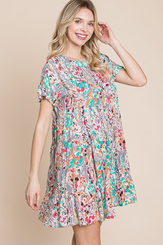 Size Small & 3XL Grey with Multicolor Floral Print Babydoll Ruffle Sleeve Dress