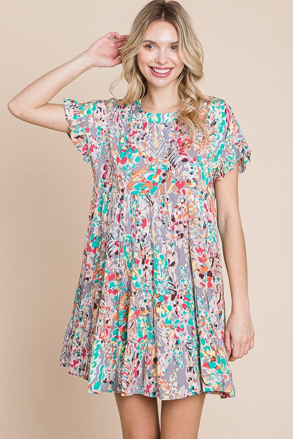 Size Small & 3XL Grey with Multicolor Floral Print Babydoll Ruffle Sleeve Dress