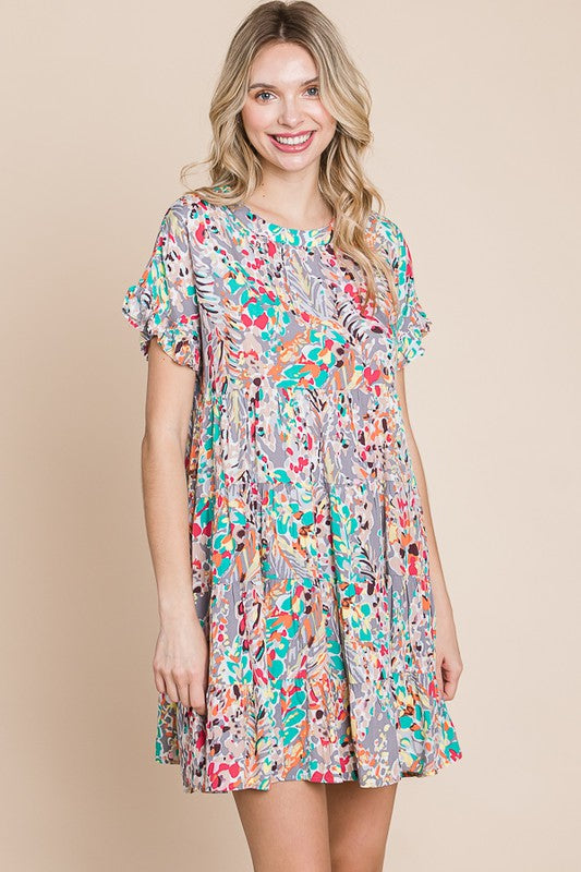 Grey with Multicolor Floral Print Babydoll Ruffle Sleeve Dress