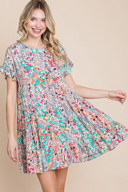 Grey with Multicolor Floral Print Babydoll Ruffle Sleeve Dress