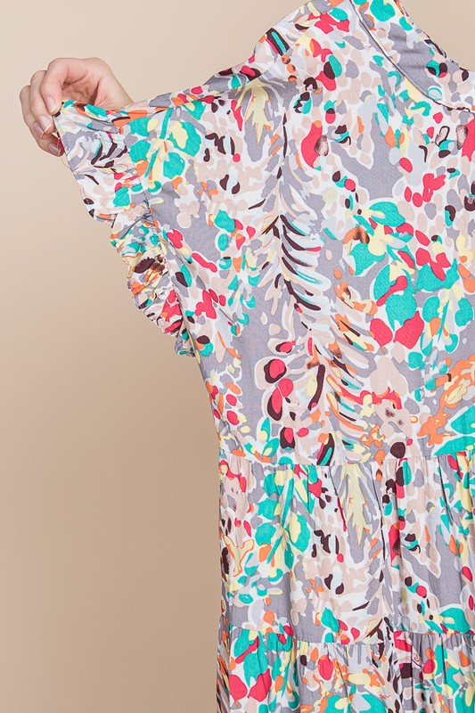 Size Small & 3XL Grey with Multicolor Floral Print Babydoll Ruffle Sleeve Dress
