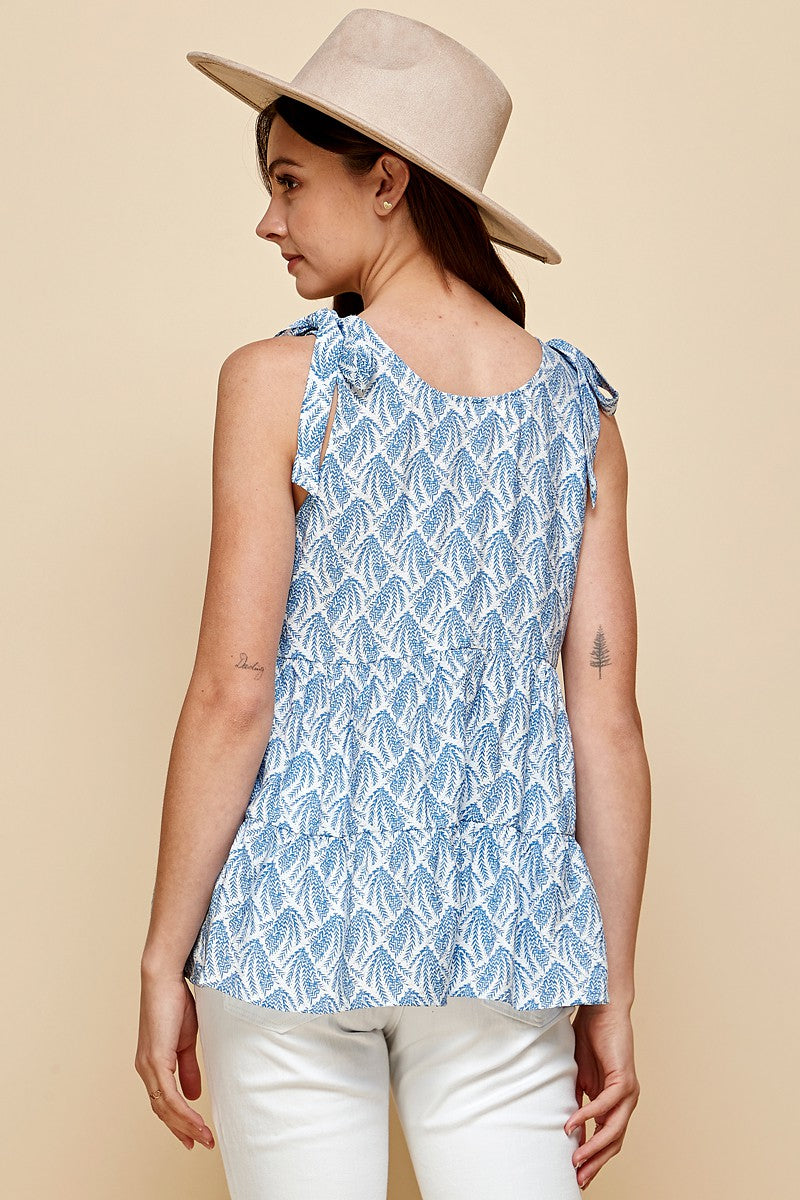 Size Small Ditzy Print Blue & White Babydoll Tie Sleeve Sleeveless Top