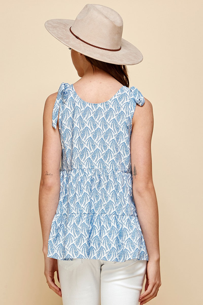 Size Small Ditzy Print Blue & White Babydoll Tie Sleeve Sleeveless Top