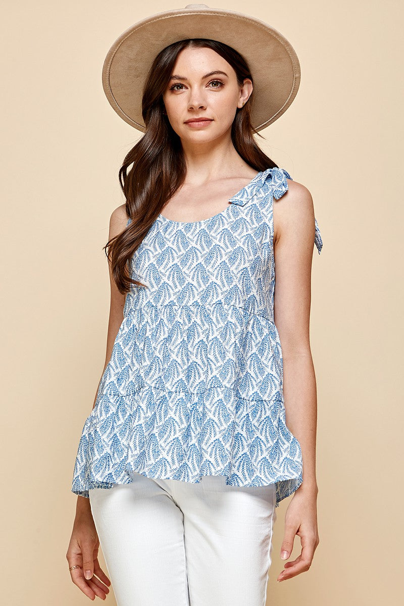 Size Small Ditzy Print Blue & White Babydoll Tie Sleeve Sleeveless Top