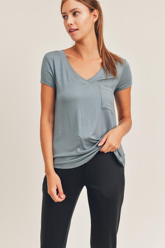 Sea Green Long Line Short Sleeve V Neck Pocket Tee