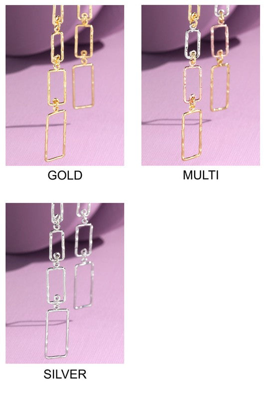 Layered Rectangle Hammered Metal Dangle Earrings