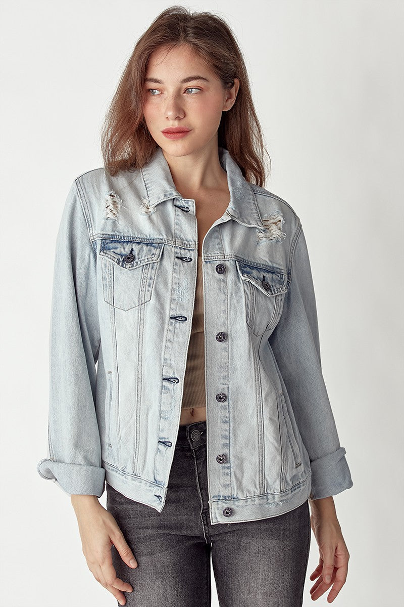 Light wash distressed jean hot sale jacket