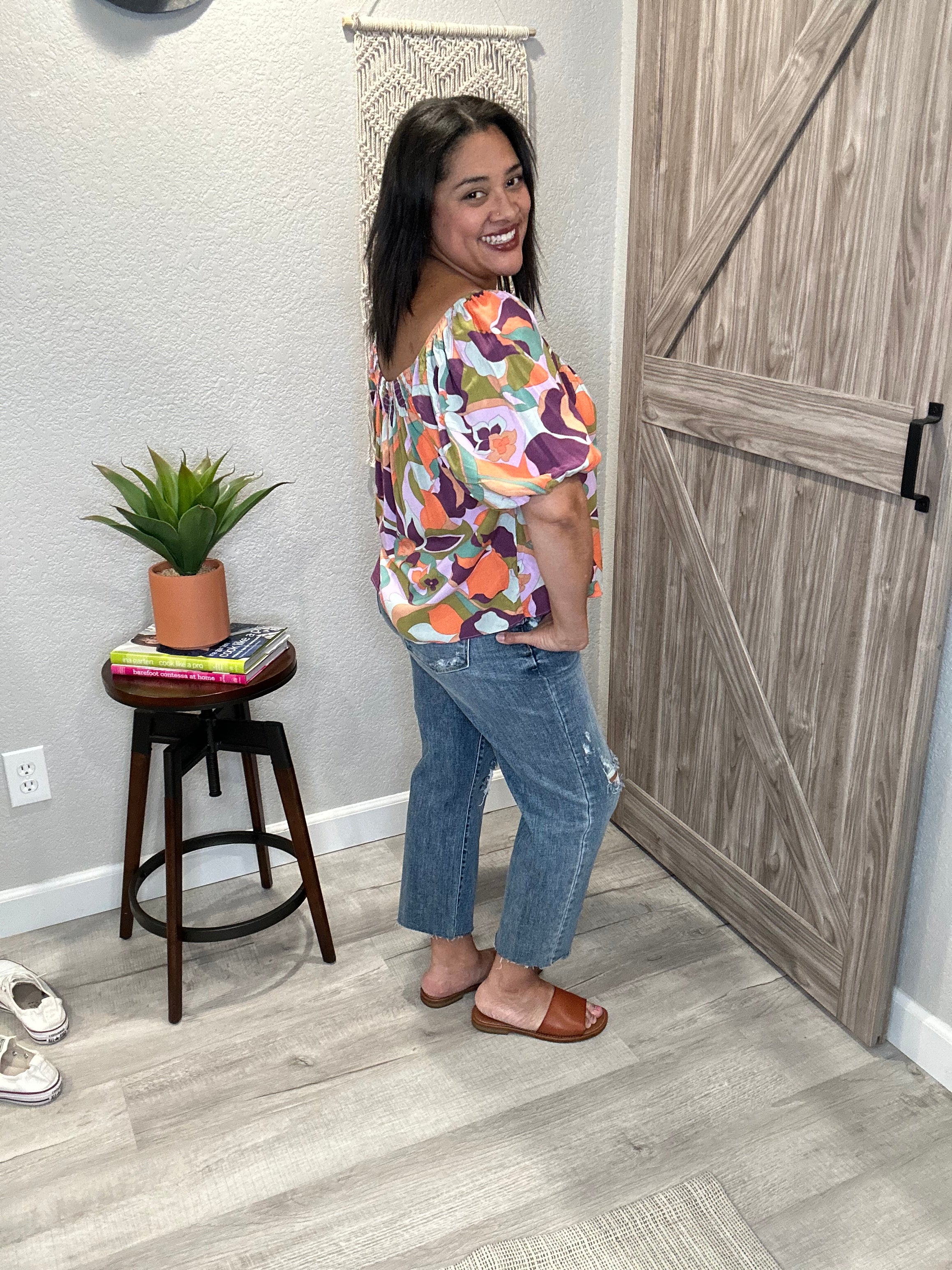 Seventies Floral Short Puff Sleeve Smocked Top