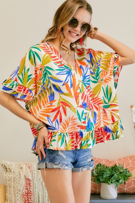 Size Large Cream & Multiple Colors Tropical Leaves V  Neck Summer Top