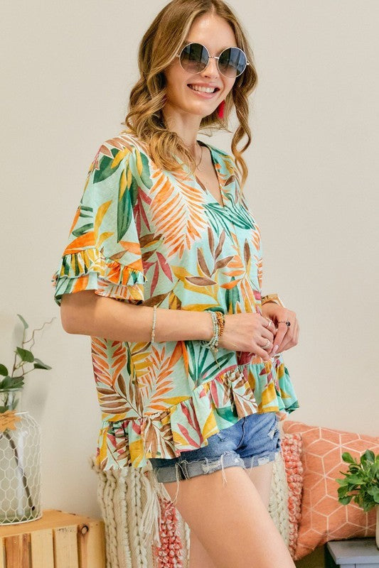 Mint Tropical Leaves V Neck Summer Top
