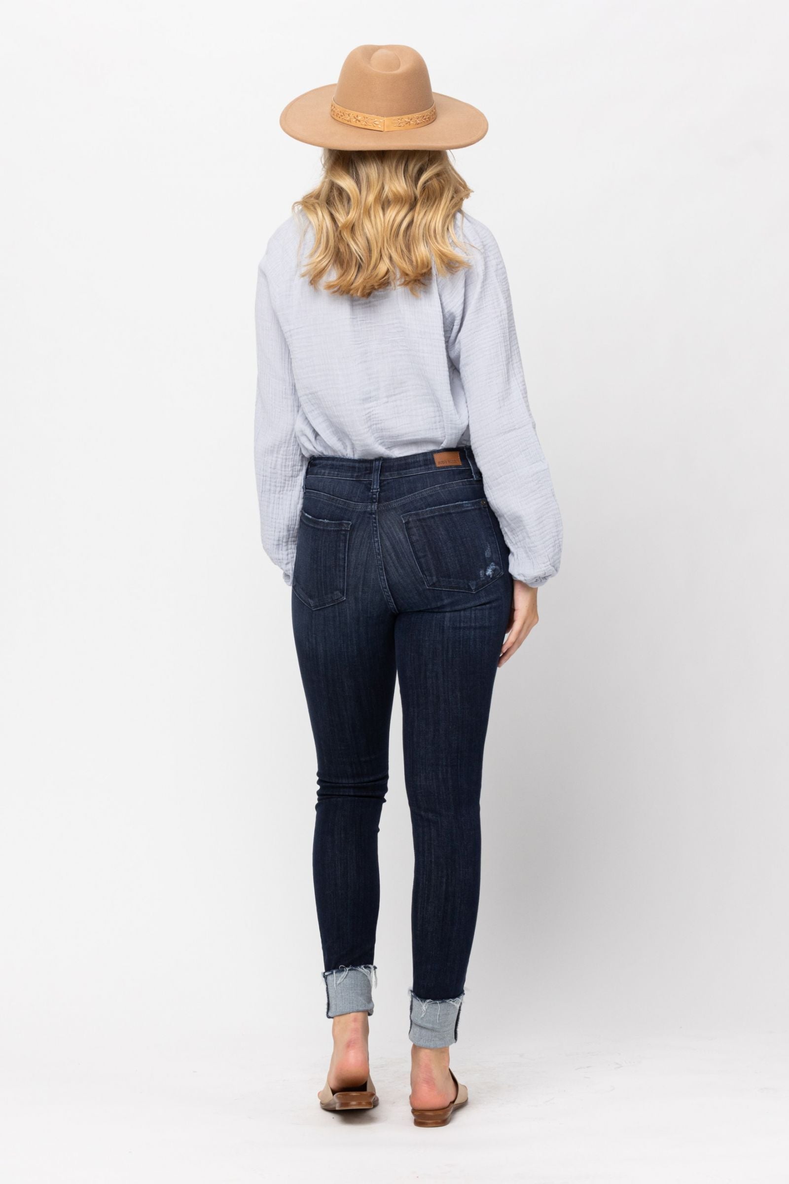 Size 1 Judy Blue Midrise Cuffed Dark Skinny Denim LONG LENGTH