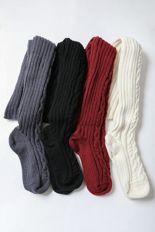 Burgundy Thick Cozy Knee High Cable Knit Socks One Size