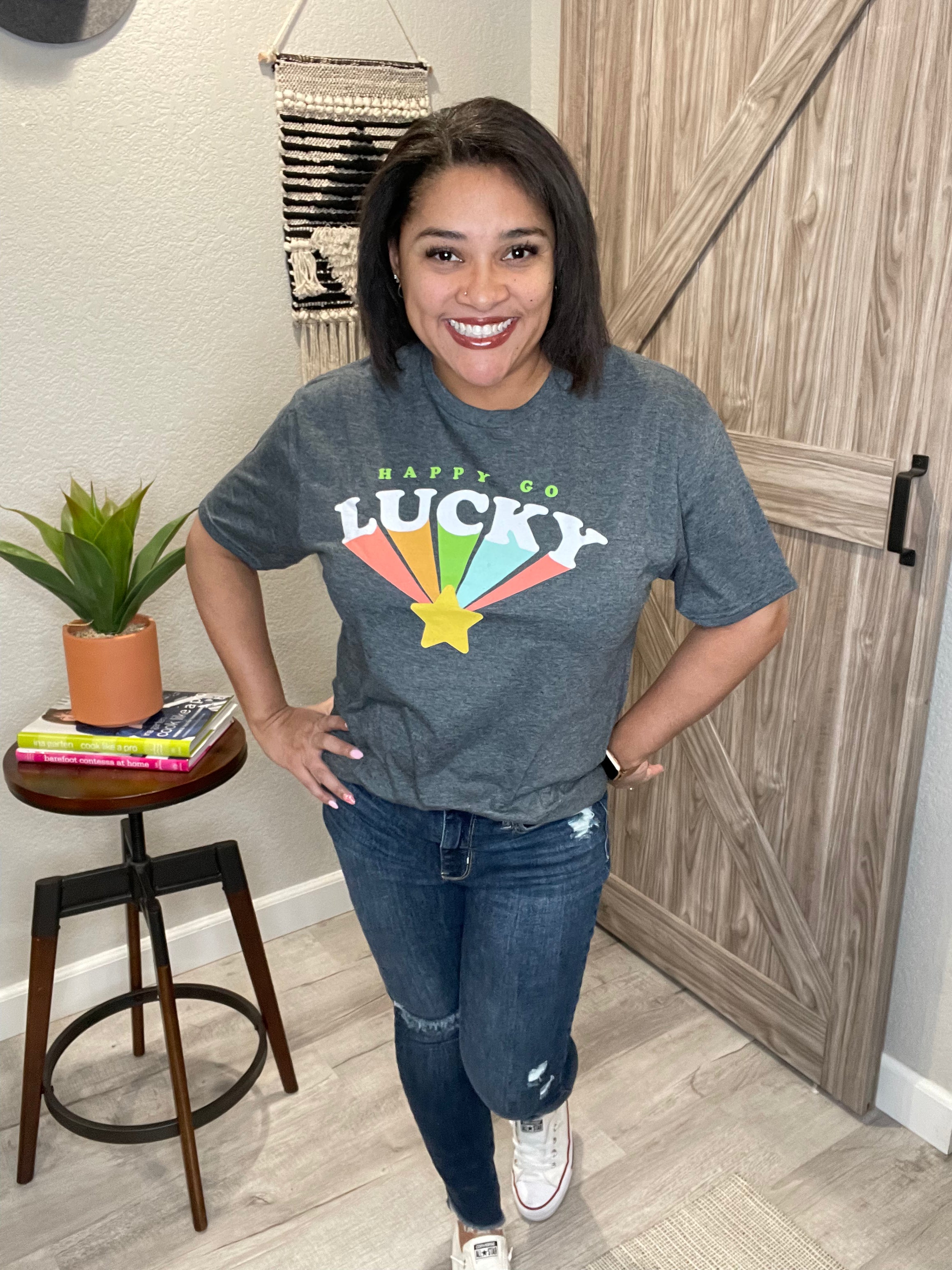 St Patrick's Day Heathered Grey Happy Go Lucky Rainbow Tee