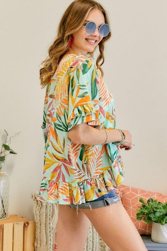 Mint Tropical Leaves V Neck Summer Top