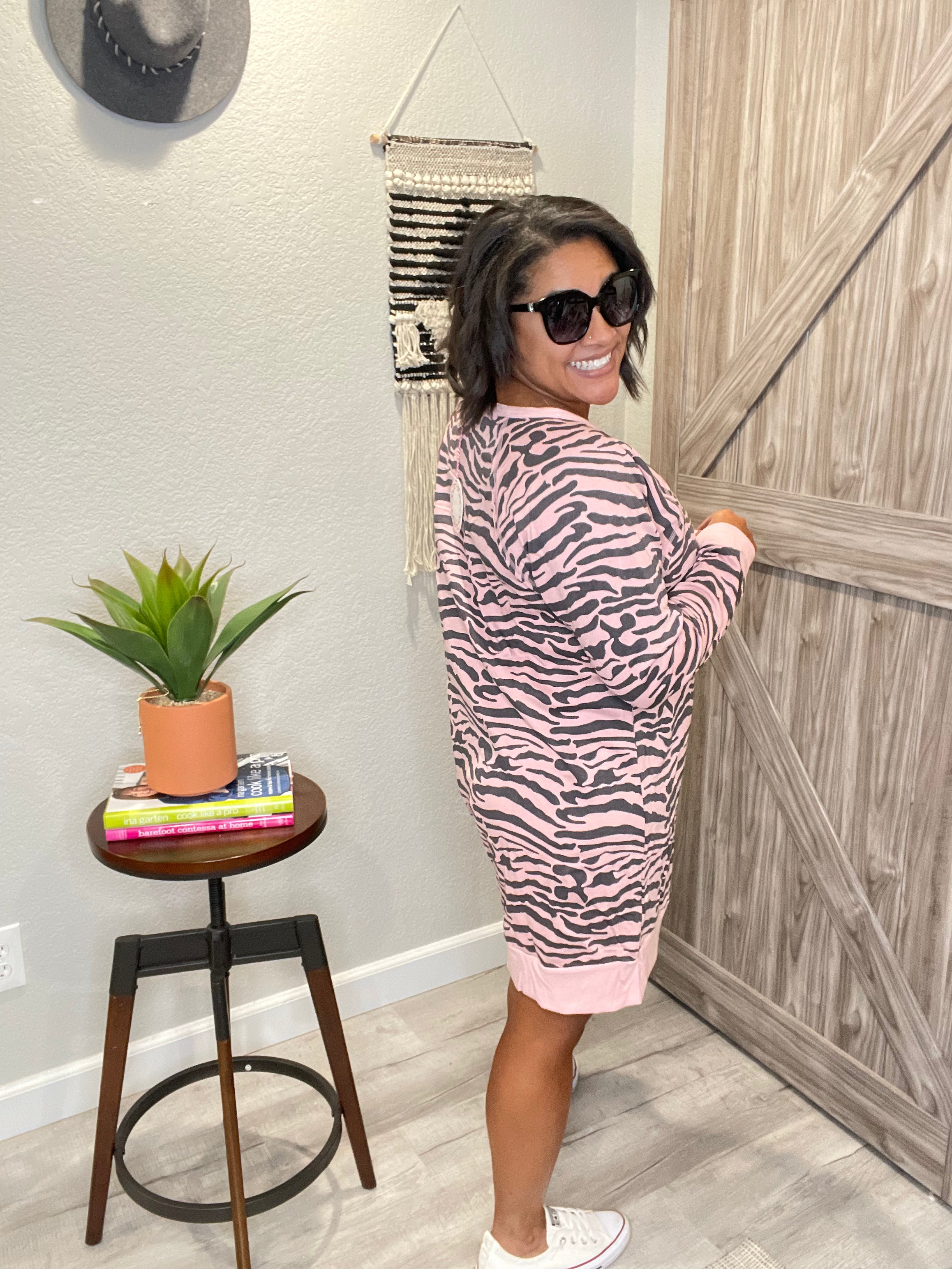 Pink & Grey Animal Print French Terry Sweatshirt Dress