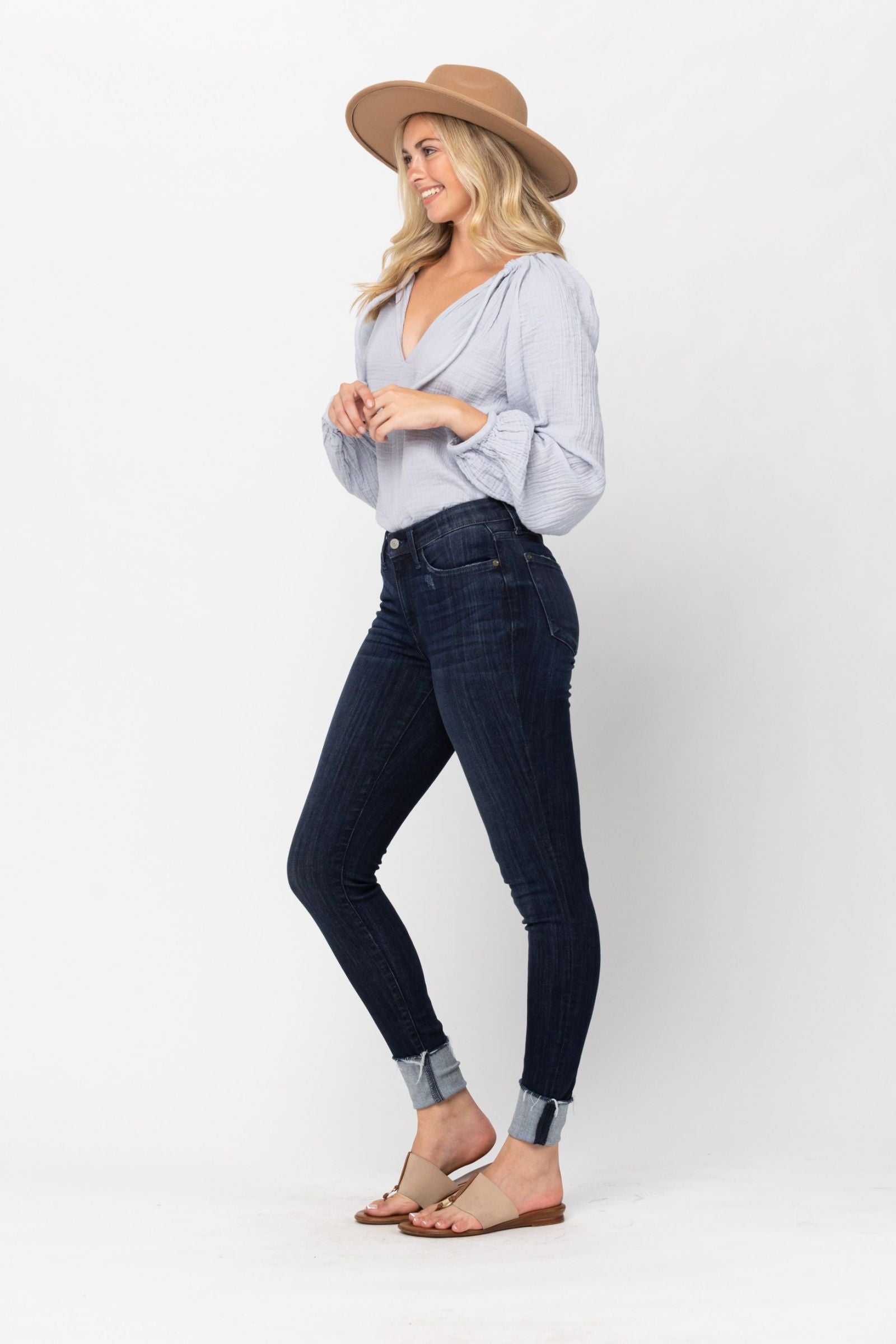 Size 1 Judy Blue Midrise Cuffed Dark Skinny Denim LONG LENGTH