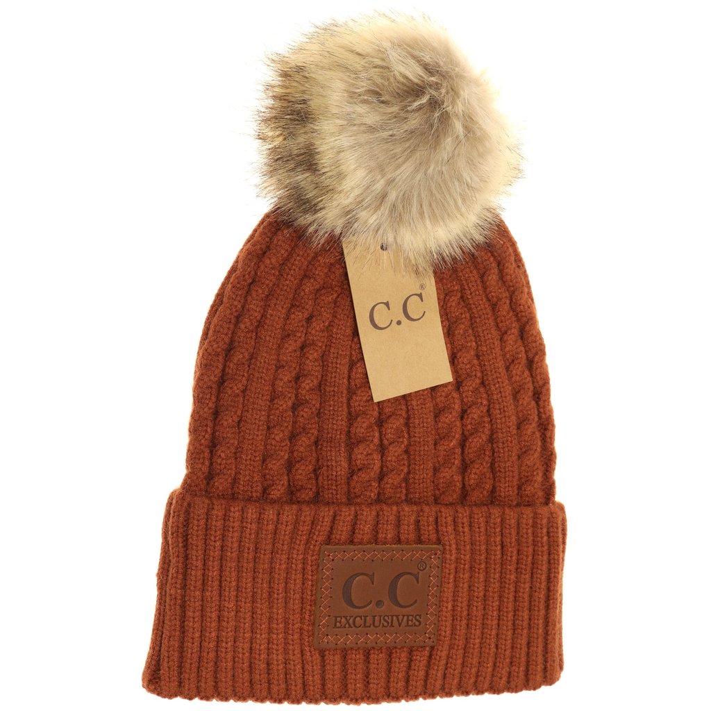 Double Braided Knit Faux Fur Pom CC Beanie