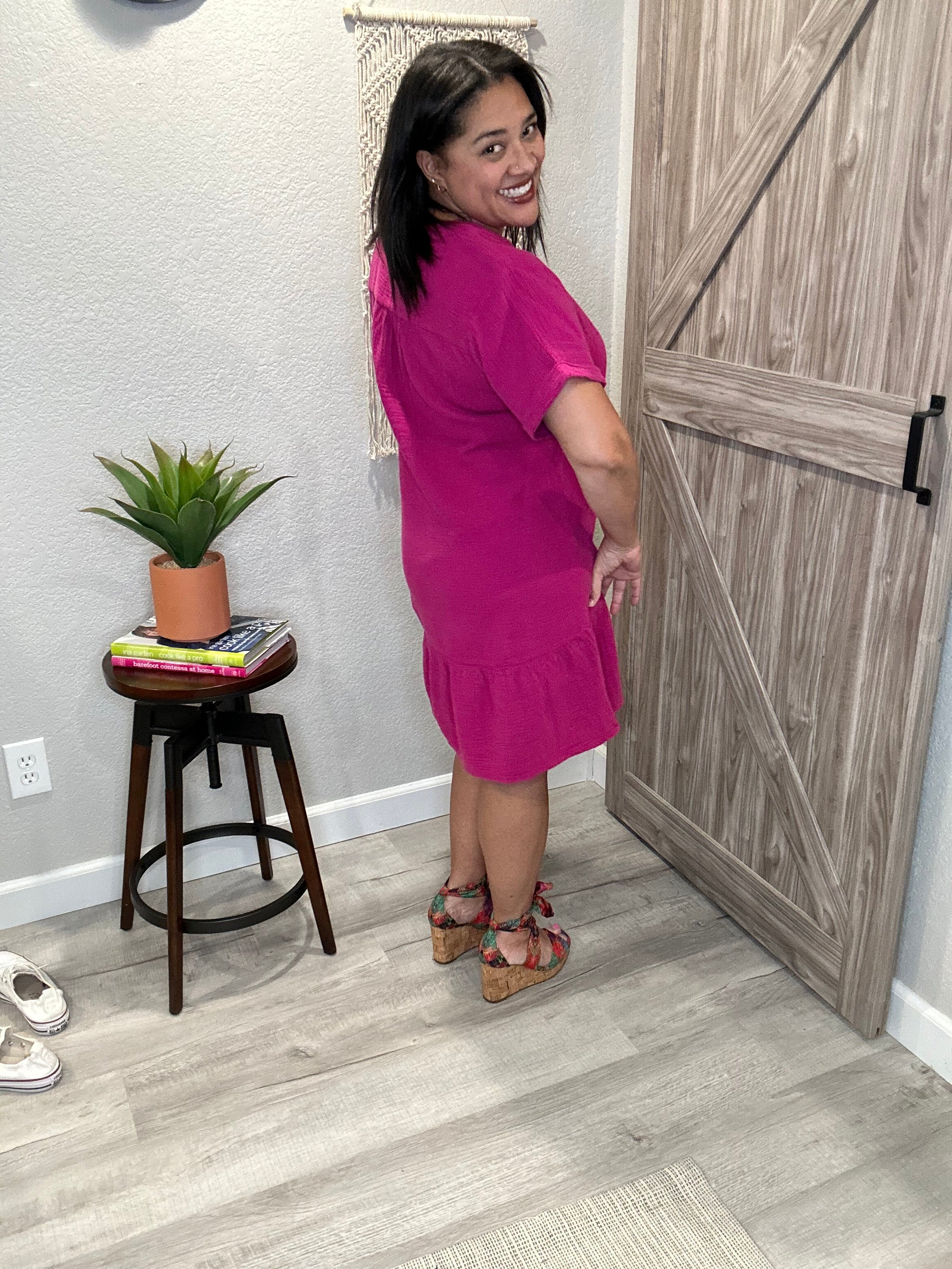 Bobi Split Neck Ruffle Hem Dress