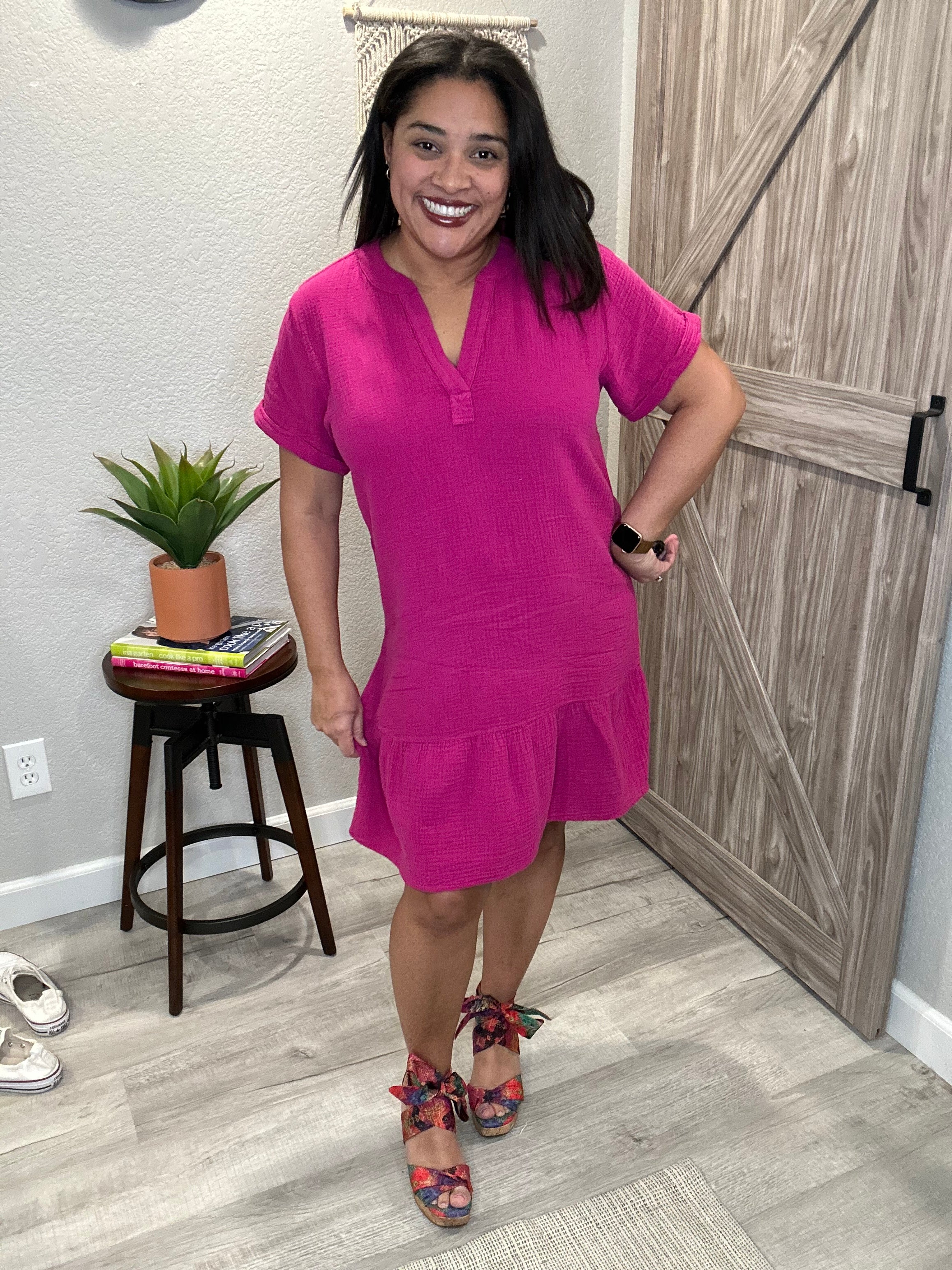 Bobi Split Neck Ruffle Hem Dress