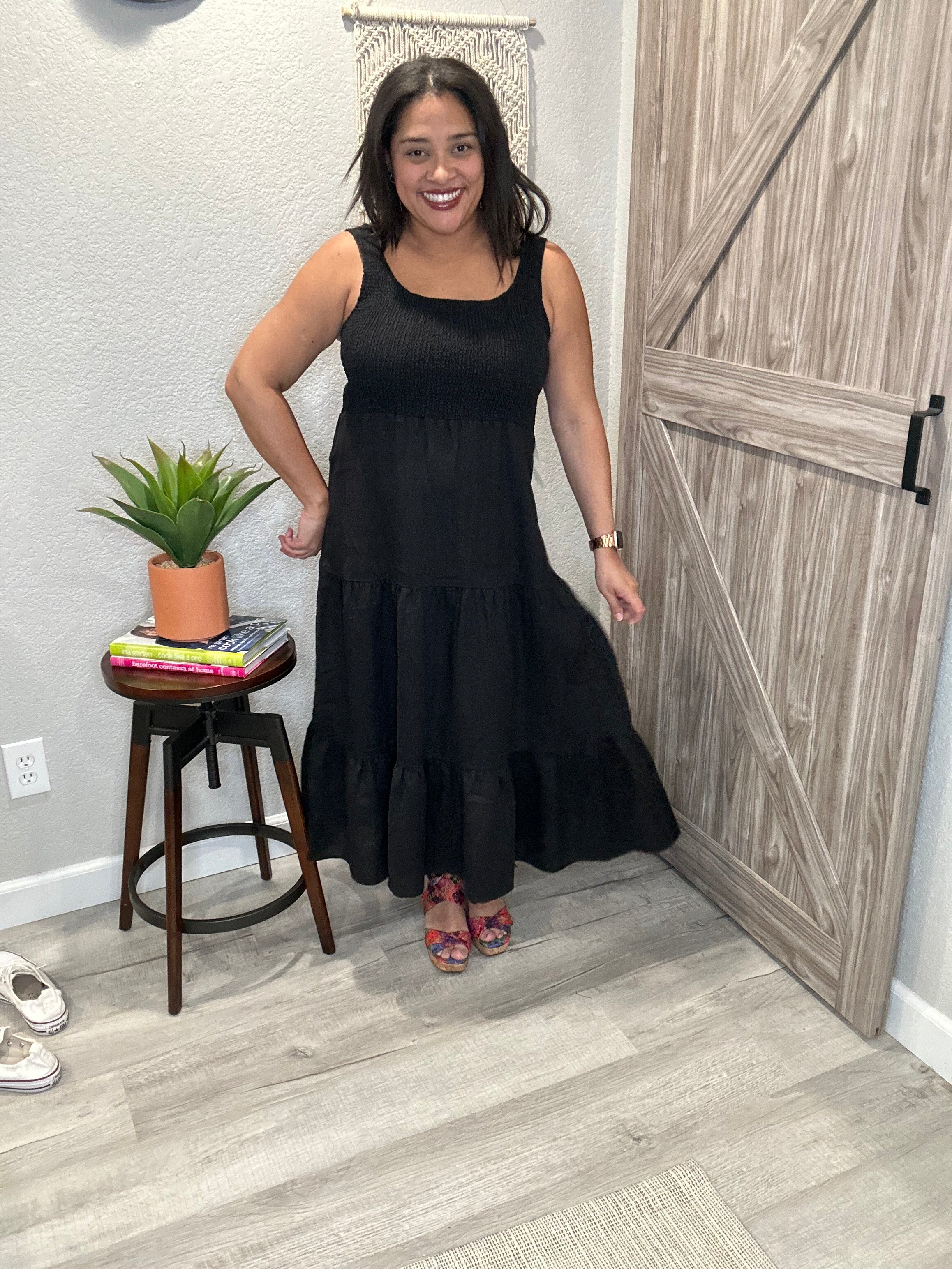 Saltwater Luxe Black Linen Smocked Top Midi Tank Dress