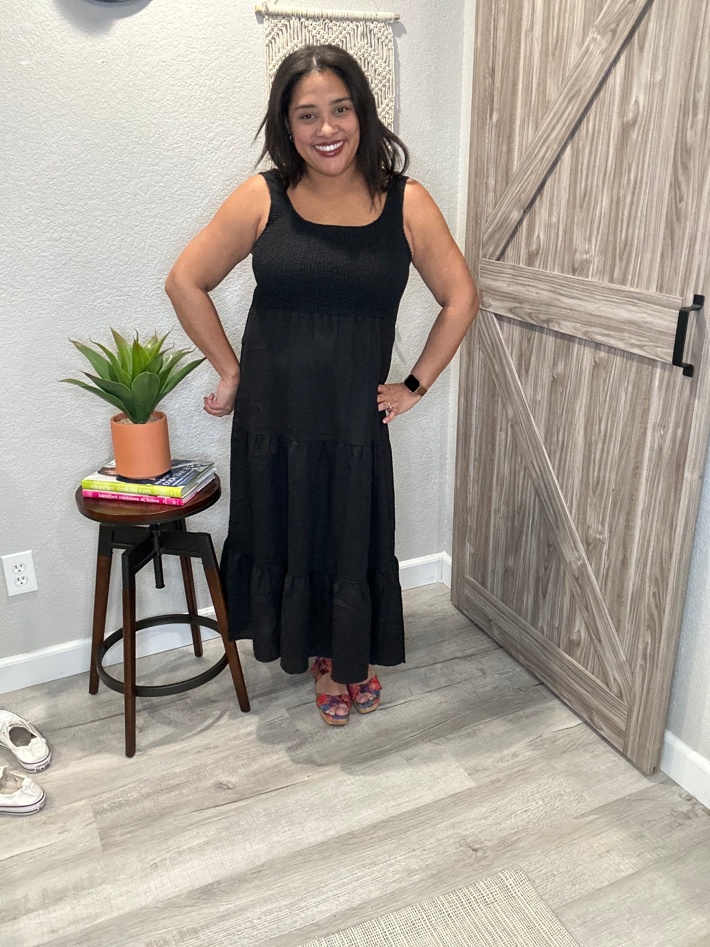 Saltwater Luxe Black Linen Smocked Top Midi Tank Dress