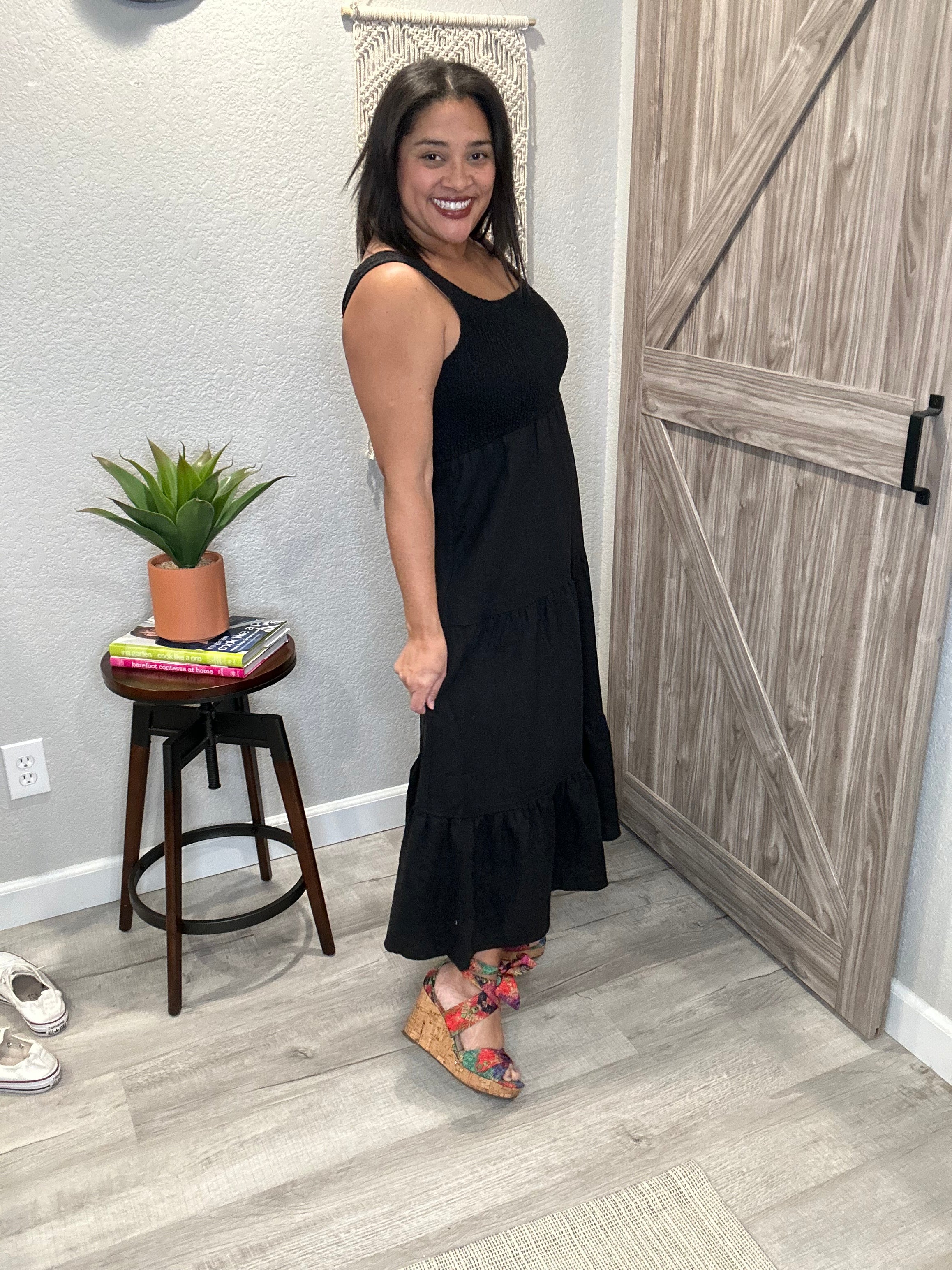 Saltwater Luxe Black Linen Smocked Top Midi Tank Dress