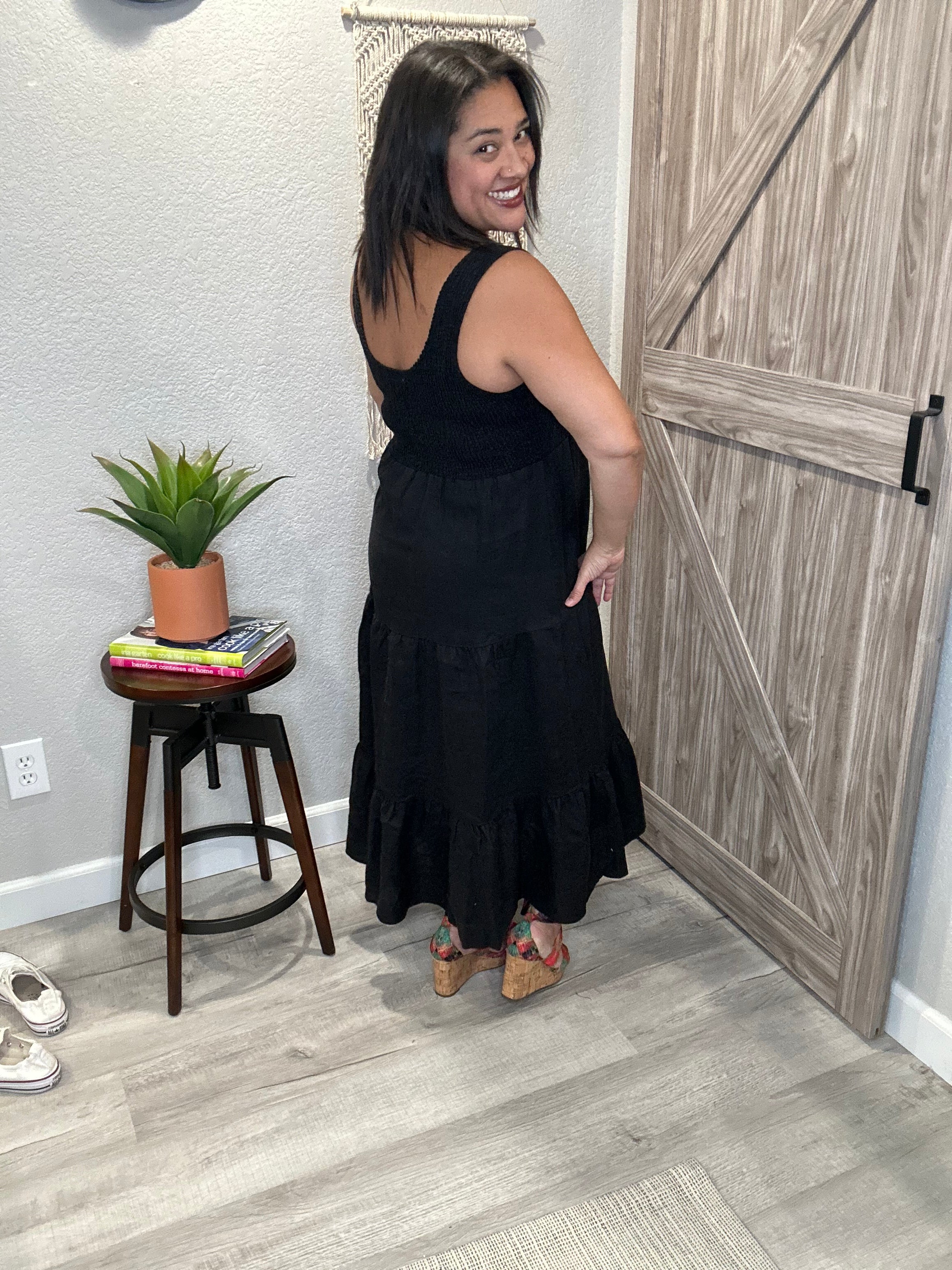 Saltwater Luxe Black Linen Smocked Top Midi Tank Dress