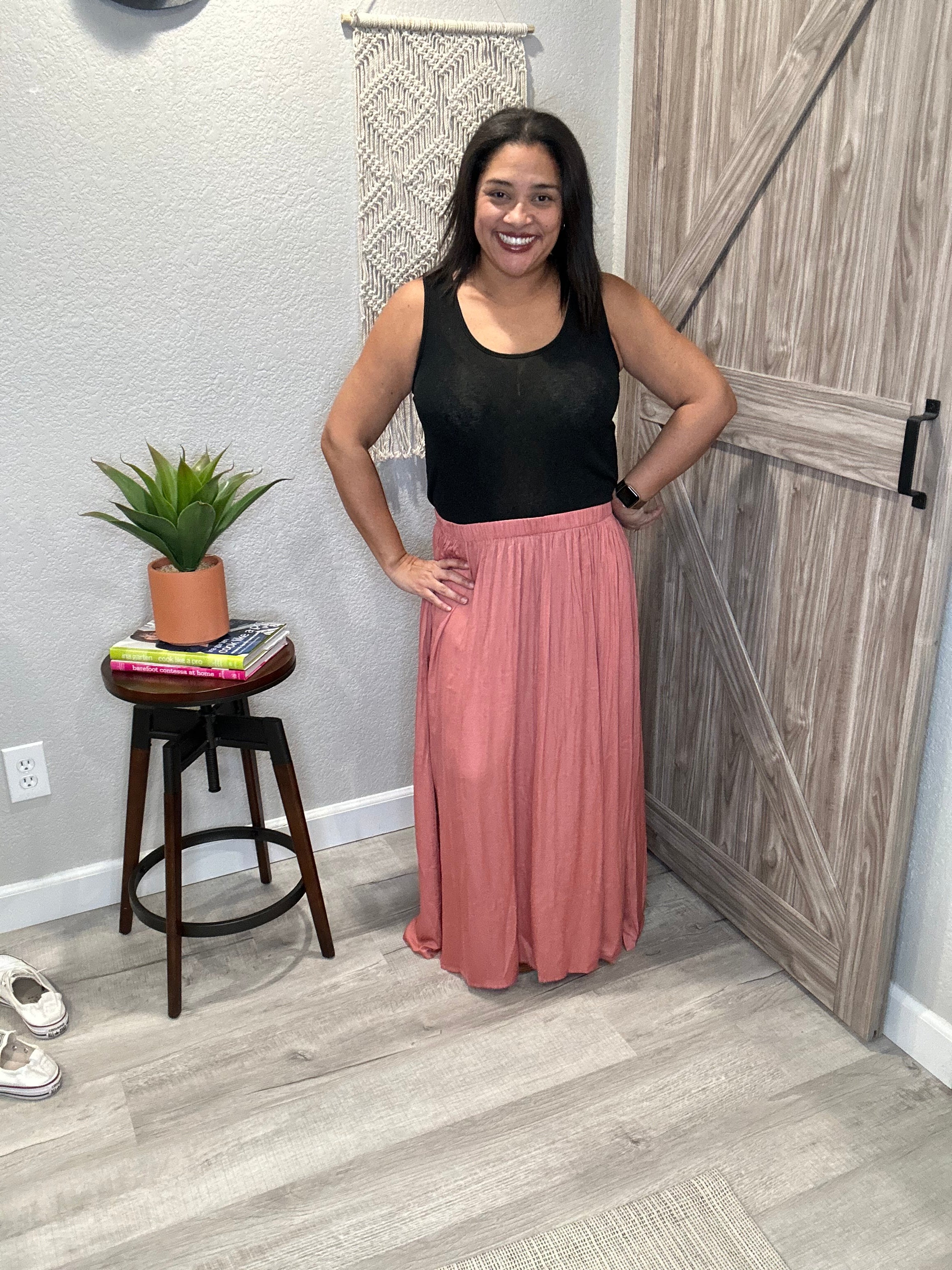 Spring Rosewood Deep Slit A-Line Maxi Skirt with Pockets