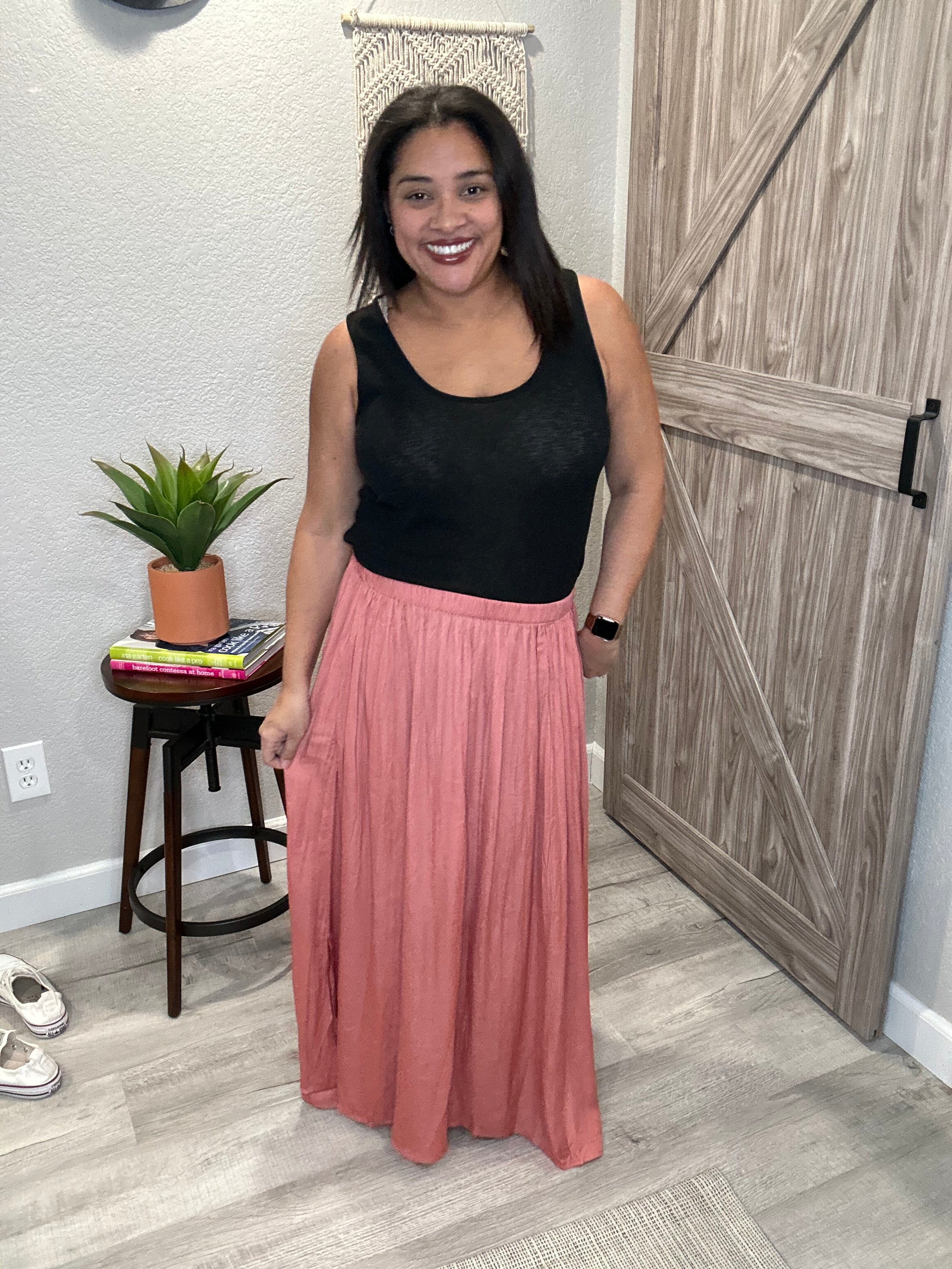 Spring Rosewood Deep Slit A-Line Maxi Skirt with Pockets