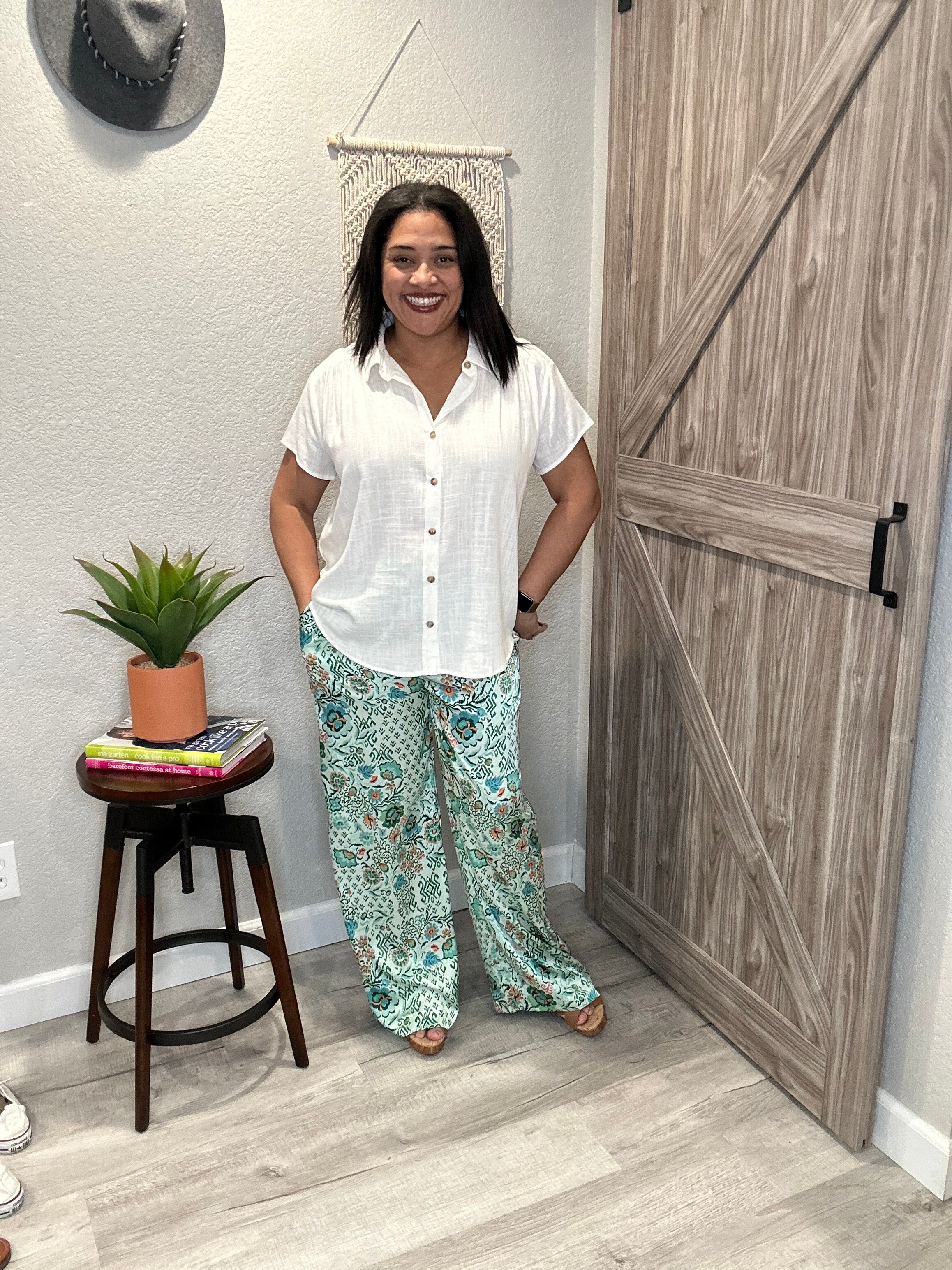 Mint Green Print Satin Smocked Waist Palazzo Pants