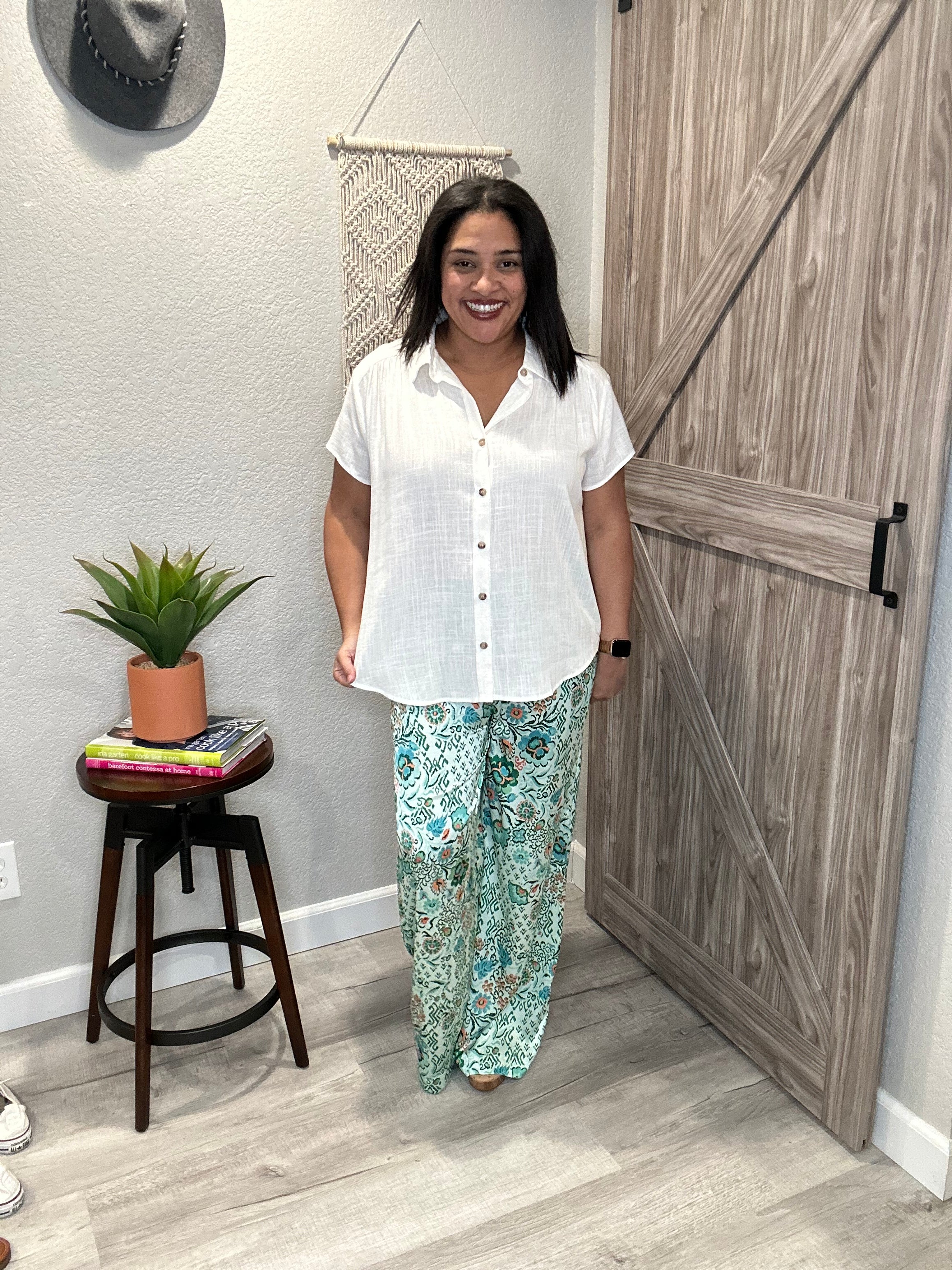 Mint Green Print Satin Smocked Waist Palazzo Pants