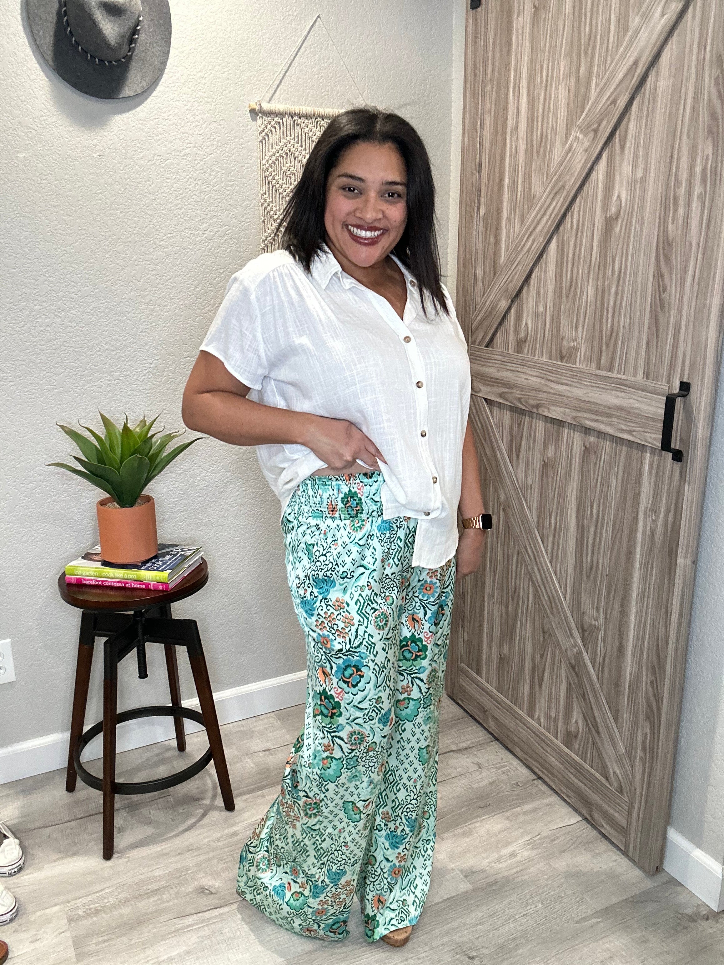 Mint Green Print Satin Smocked Waist Palazzo Pants