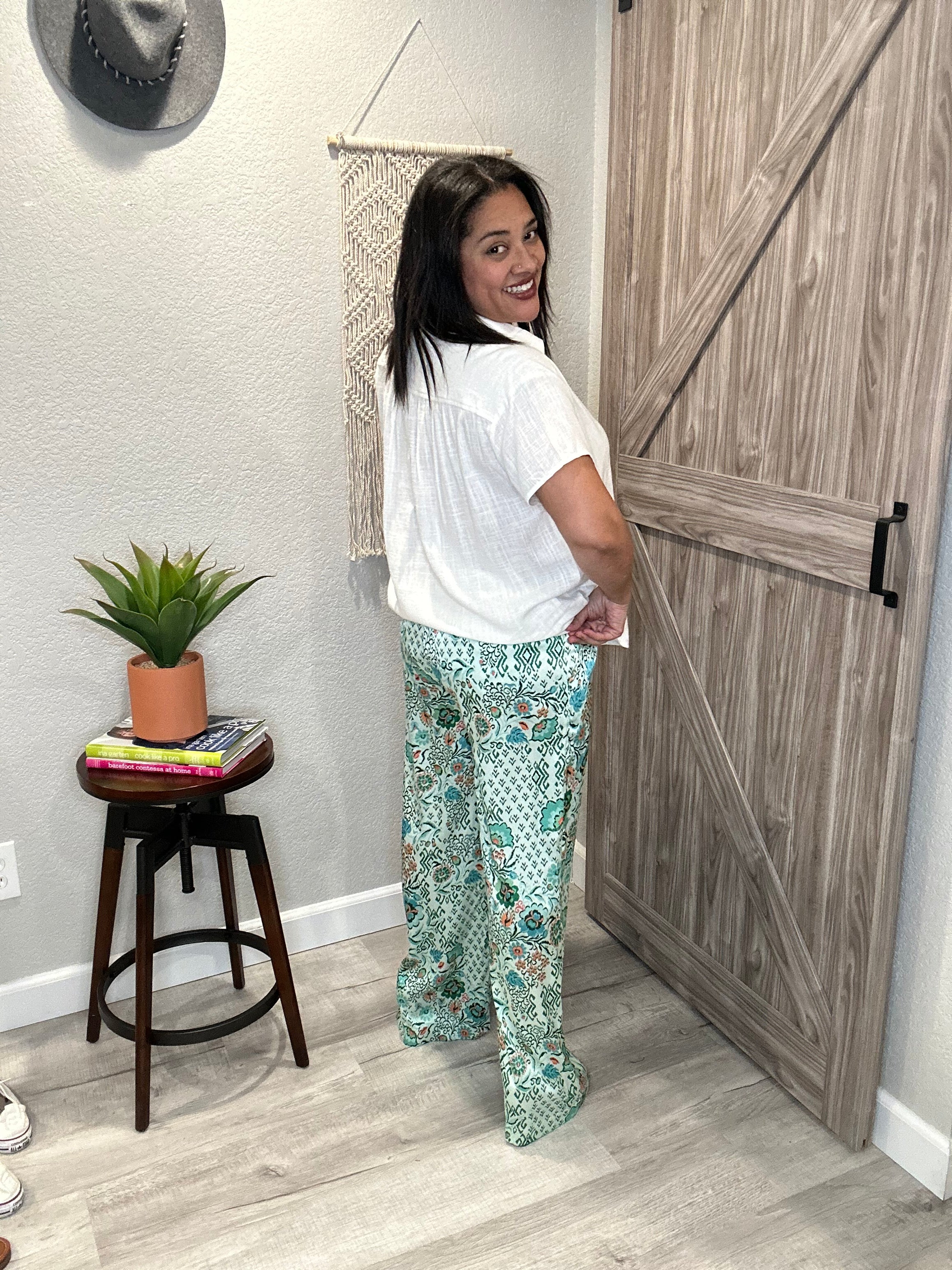 Mint Green Print Satin Smocked Waist Palazzo Pants