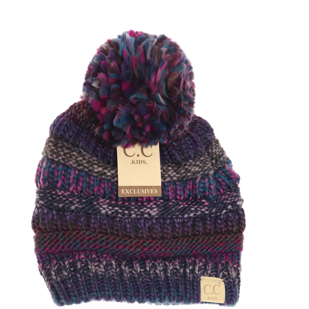 Kids Multi Color Cable Knit Pom CC Beanie