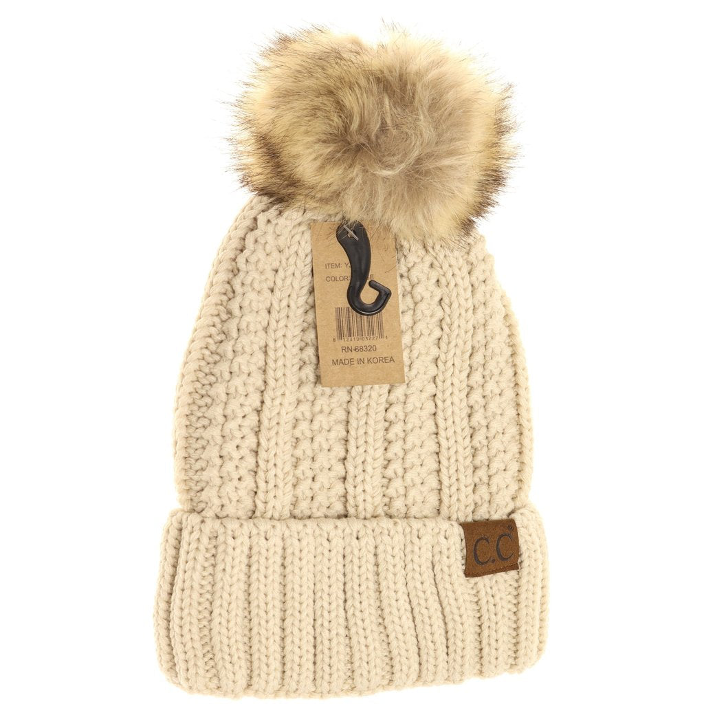 CC Beanie Fuzzy Lined Faux Fur Pom