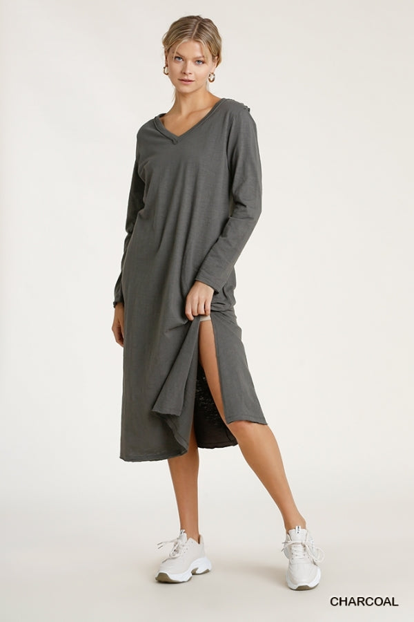 V Neck Cotton Maxi Raw Hem Dress