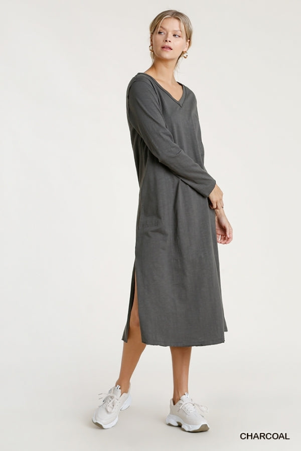 V Neck Cotton Maxi Raw Hem Dress
