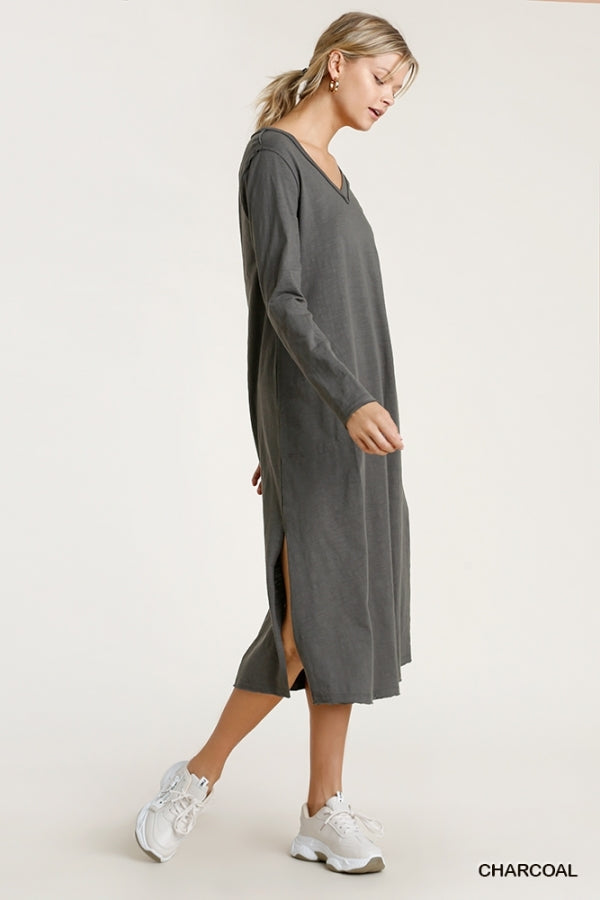 V Neck Cotton Maxi Raw Hem Dress