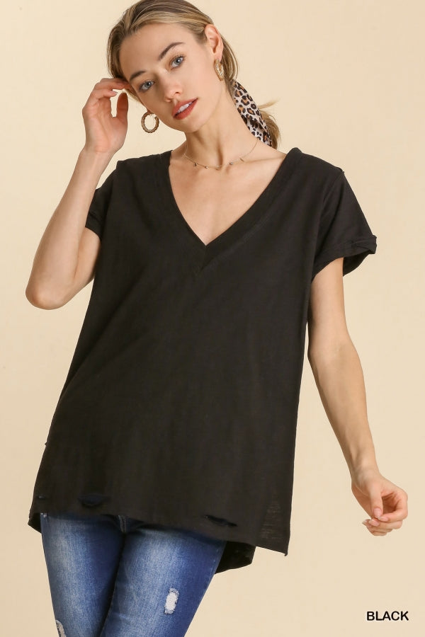 Gathered V Neck Short Sleeve Distressed Cotton Tee (Multiple colors available)