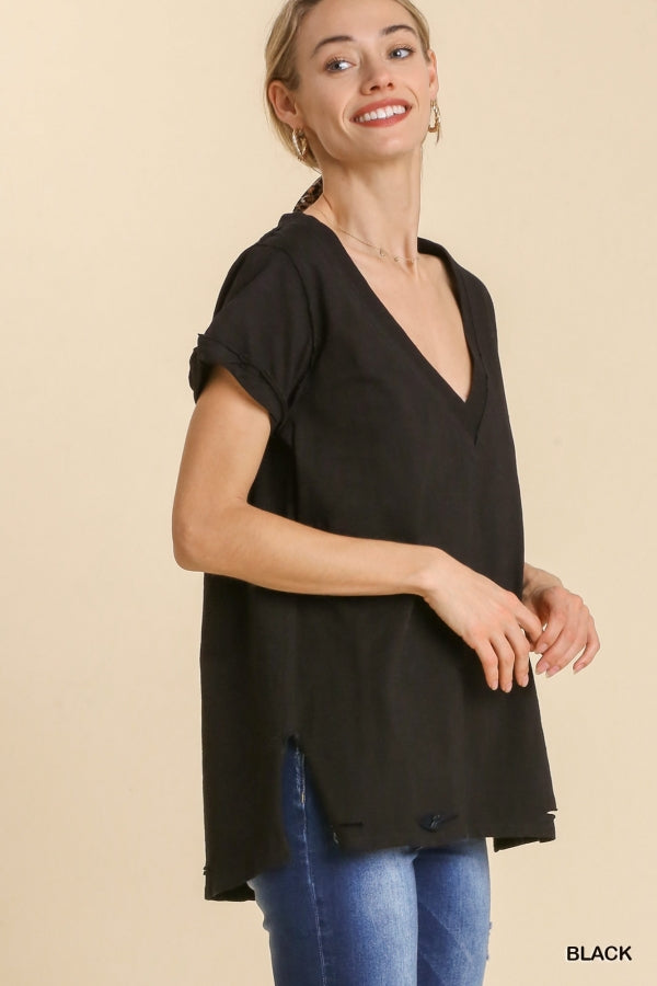 Gathered V Neck Short Sleeve Distressed Cotton Tee (Multiple colors available)