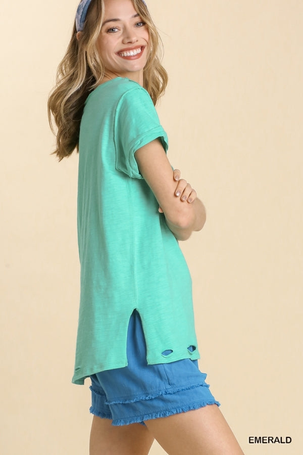 Gathered V Neck Short Sleeve Distressed Cotton Tee (Multiple colors available)