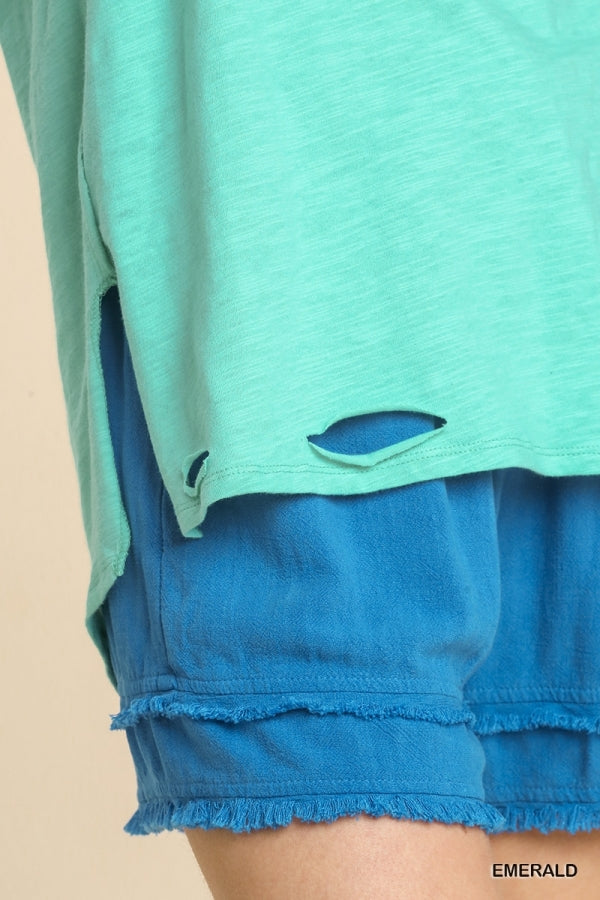Gathered V Neck Short Sleeve Distressed Cotton Tee (Multiple colors available)