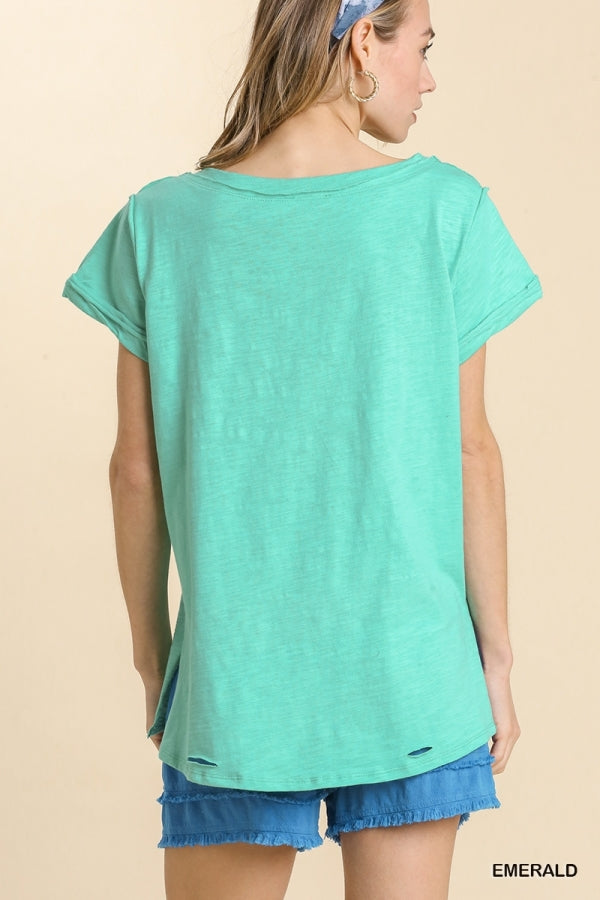 Gathered V Neck Short Sleeve Distressed Cotton Tee (Multiple colors available)