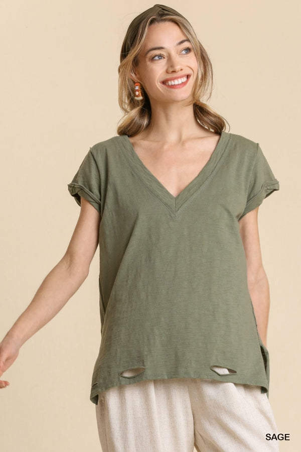 Gathered V Neck Short Sleeve Distressed Cotton Tee (Multiple colors available)