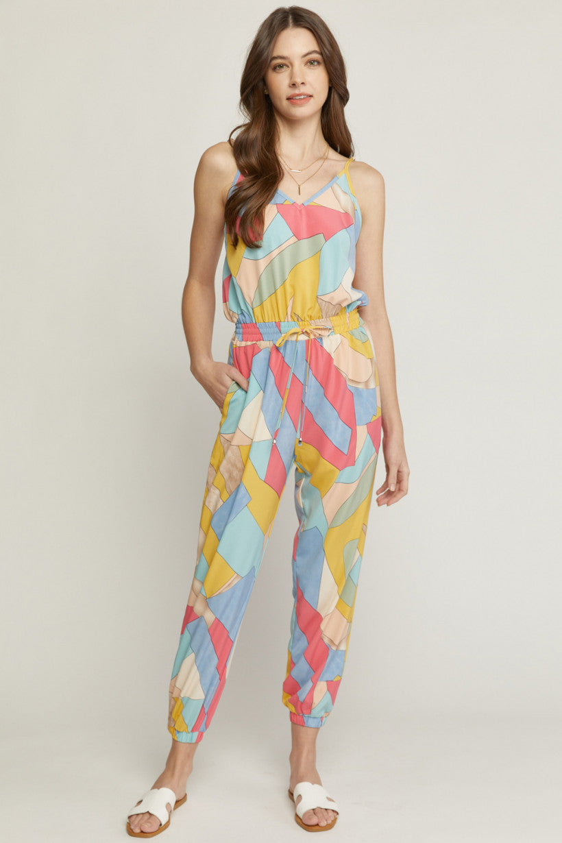 Geometric Print Multi Color Tank Jogger Jumpsuit