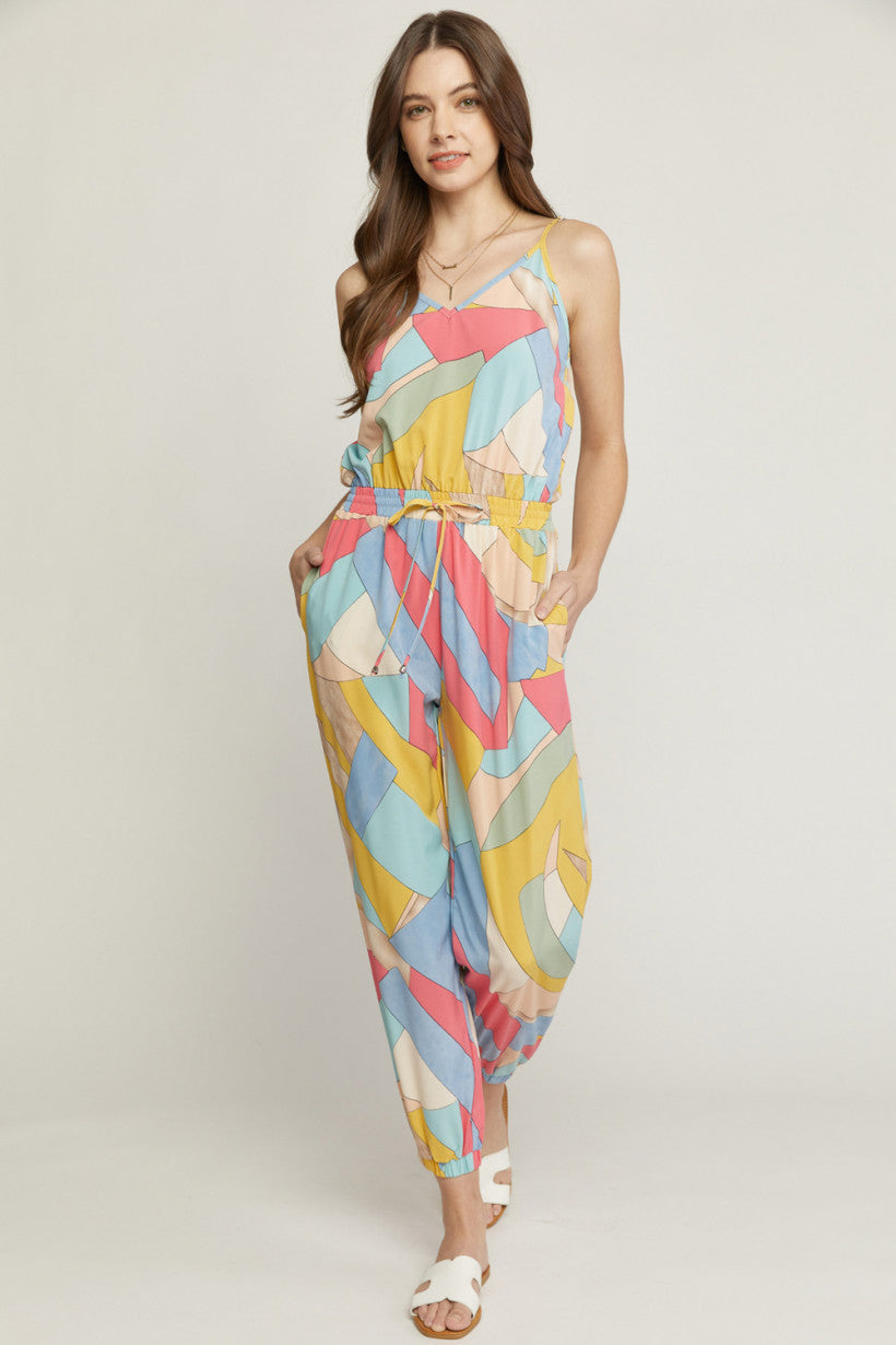 Geometric Print Multi Color Tank Jogger Jumpsuit