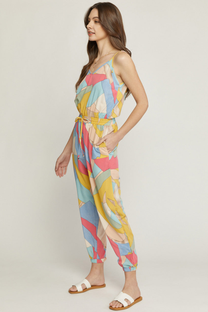 Geometric Print Multi Color Tank Jogger Jumpsuit