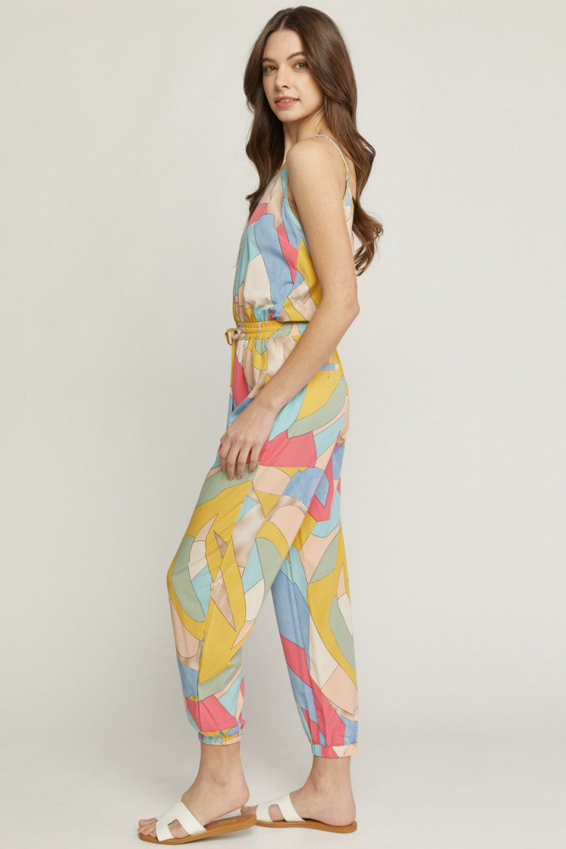 Geometric Print Multi Color Tank Jogger Jumpsuit