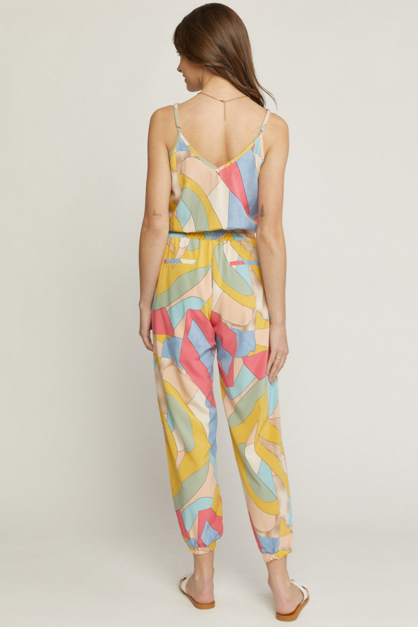 Geometric Print Multi Color Tank Jogger Jumpsuit