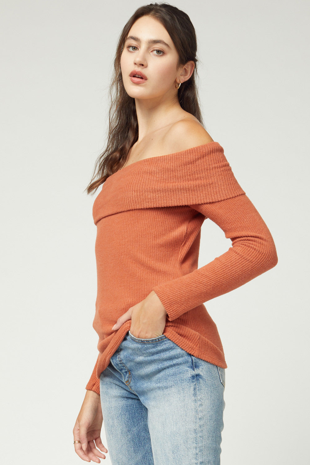 Ribbed Knit Off the Shoulder Long Sleeve Top